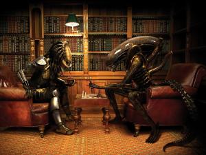 Alien and Predator playing chess