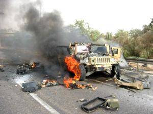 Army jeep on fire