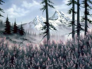 Painting of a snowed mountains of the painter Bob Ross