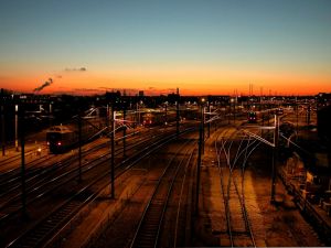 Rail yard at night