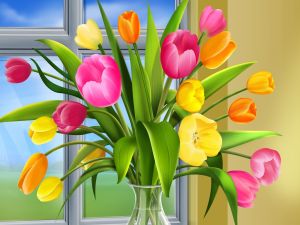 Vase with colorful tulips