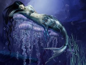Mermaid asleep over big jellyfishes
