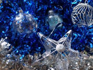 Christmas decorations silvered and blue colored