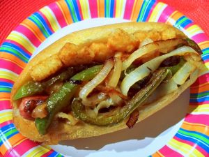 Hot dog with onion and green pepper