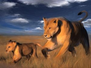 Oil painting of a lioness with her ​​cub