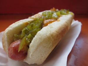 Hot dog with lots of dill pickle