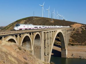 Train crossing Martin Gil Viaduct near Zamora, Spain