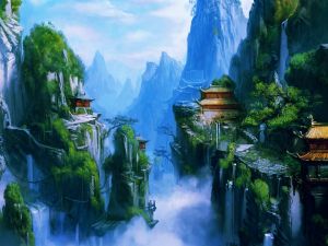 Oriental houses in rugged mountains