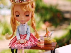 A doll picnicking