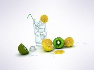 Glass with ice, lemon and kiwi