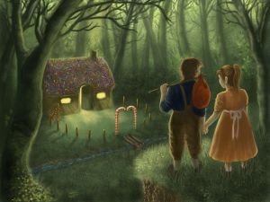 Hansel and Gretel coming to the candy home