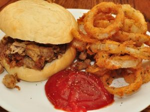 Chicken burger and onion rings