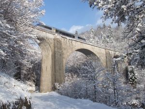Train on the bridge Saillard (France) after a snowfall