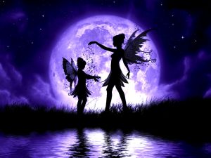 Fairies next to the large purple moon