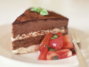 A serving of chocolate cake
