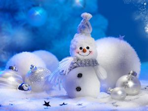 Snowflakes, balls and snowman