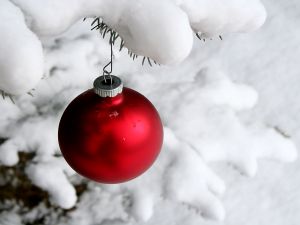 Red ball with snow in the Christmas tree