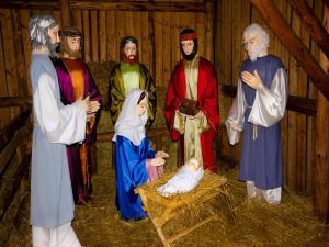 The three Wise Men, Mary and Joseph, celebrating the birth of baby Jesus