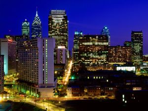Lighted streets and buildings in Philadelphia