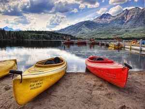Canoes on the shore of lake