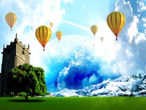 Flying in balloon in a fantasy world